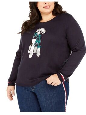 Tommy Hilfiger Navy Crewneck Sweater with Plaid Scarf Dog Motif